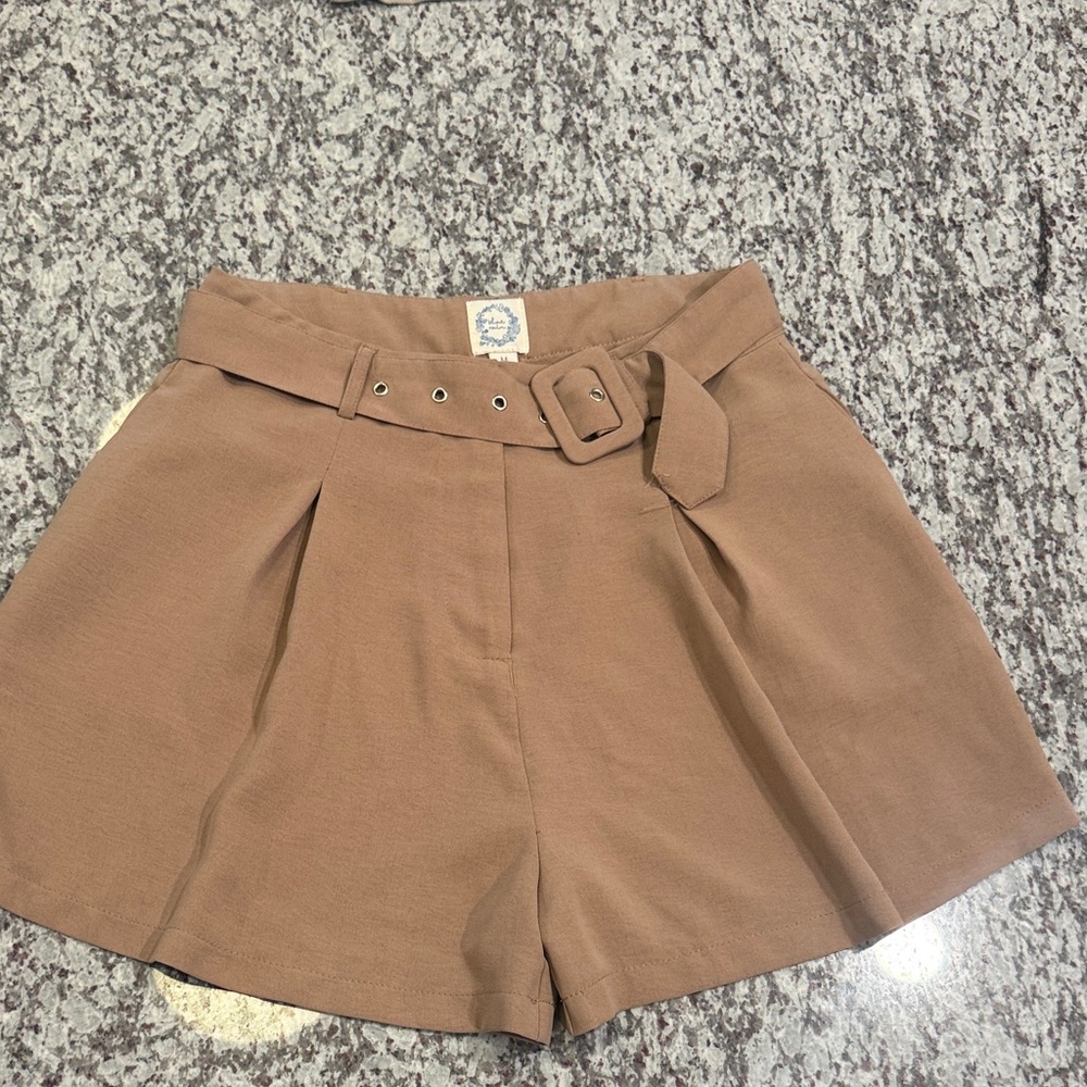 Blue Rain High-Waist Tan Belted Shorts